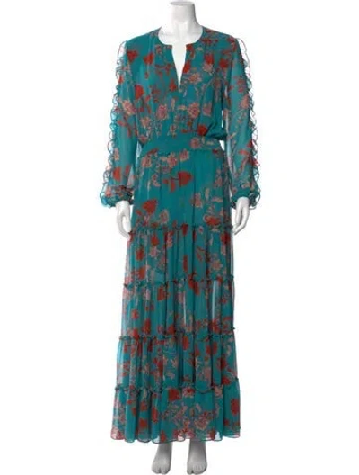 Pre-owned Misa Floral Print Long Dress In Green