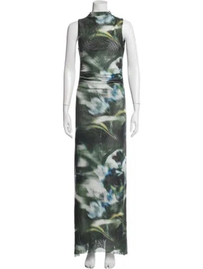 Pre-owned Misa Floral Print Long Dress In Green