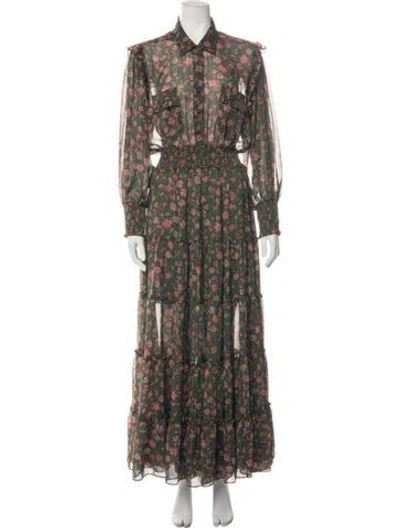 Pre-owned Misa Floral Print Long Dress In Green