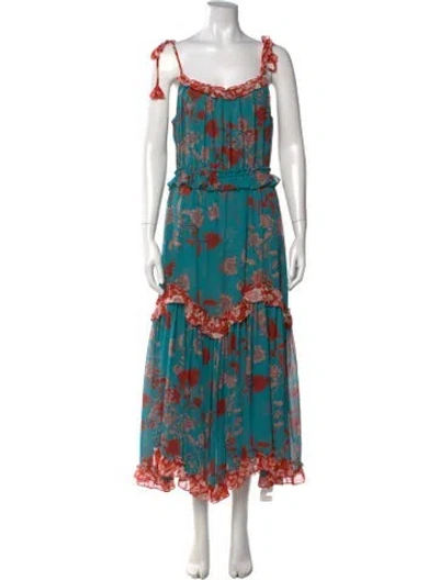 Pre-owned Misa Floral Print Long Dress In Green
