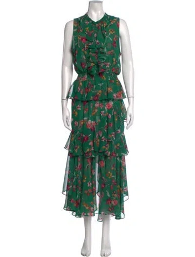 Pre-owned Misa Floral Print Long Dress In Green