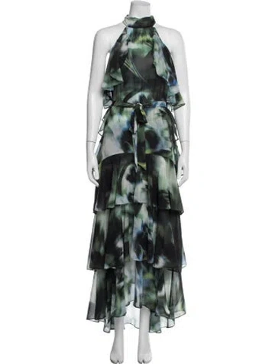 Pre-owned Misa Floral Print Long Dress In Green