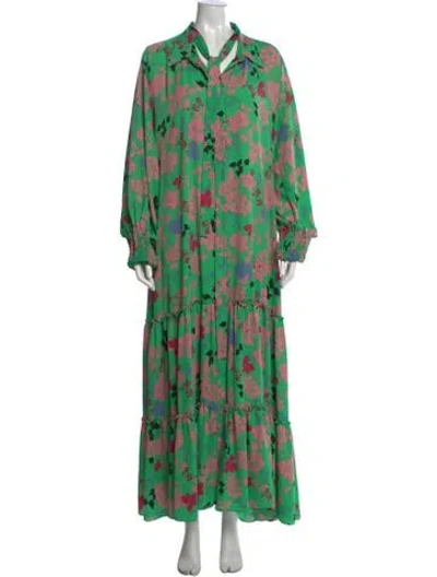 Pre-owned Misa Floral Print Long Dress In Green