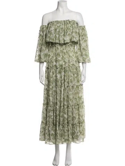 Pre-owned Misa Floral Print Long Dress In Green/white