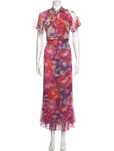 Pre-owned Misa Floral Print Long Dress In Purple
