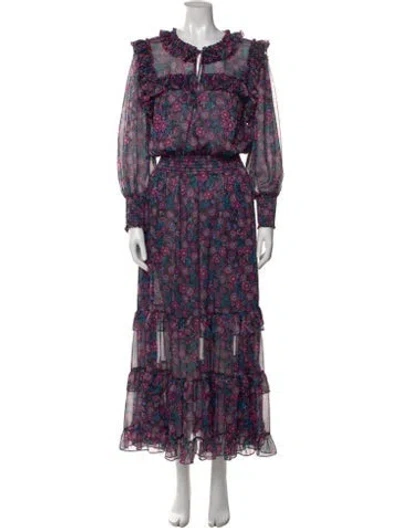 Pre-owned Misa Floral Print Long Dress In Purple