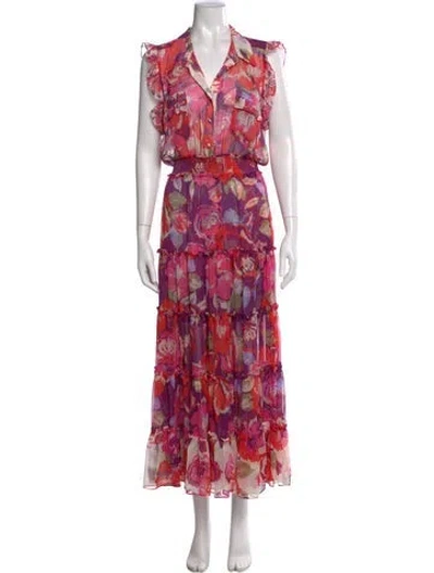 Pre-owned Misa Floral Print Long Dress In Purple