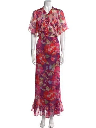 Pre-owned Misa Floral Print Long Dress In Purple