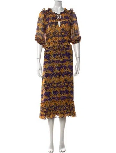 Pre-owned Misa Floral Print Long Dress In Purple/yellow