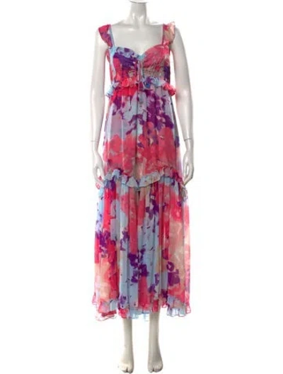 Pre-owned Misa Floral Print Long Dress W/ Tags In Blue