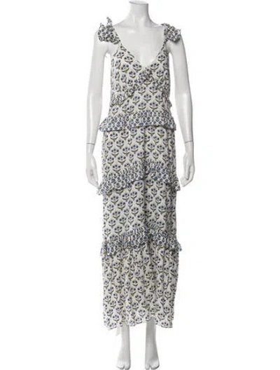 Pre-owned Misa Floral Print Long Dress In White