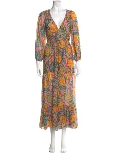 Pre-owned Misa Floral Print Long Dress In Yellow