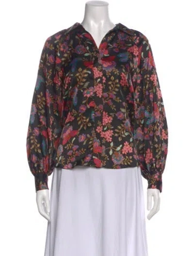 Pre-owned Misa Floral Print Long Sleeve Blouse In Black