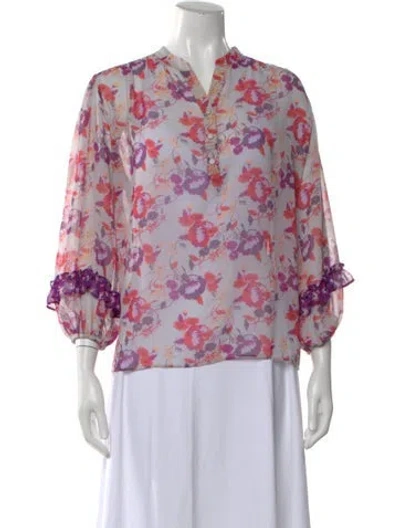 Pre-owned Misa Floral Print Long Sleeve Blouse In Blue