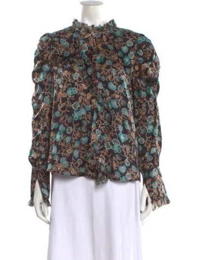 Pre-owned Misa Floral Print Long Sleeve Blouse In Blue