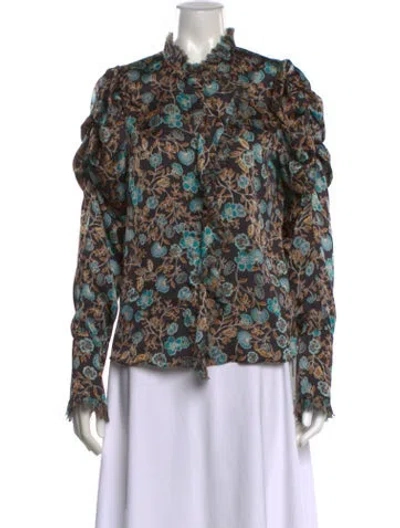Pre-owned Misa Floral Print Long Sleeve Blouse In Blue