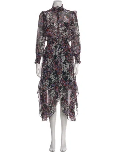 Pre-owned Misa Floral Print Midi Length Dress In Black