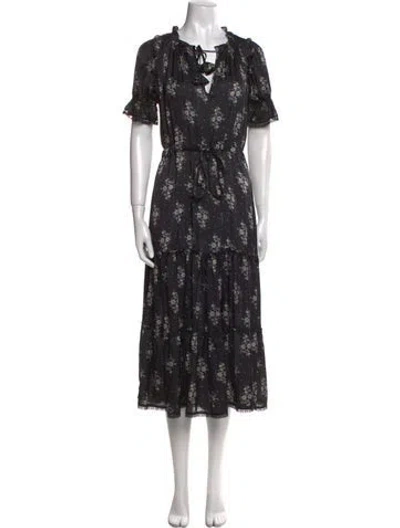 Pre-owned Misa Floral Print Midi Length Dress In Black