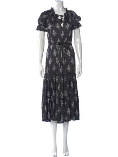 Pre-owned Misa Floral Print Midi Length Dress In Black