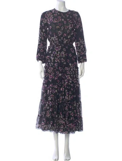 Pre-owned Misa Floral Print Midi Length Dress In Black