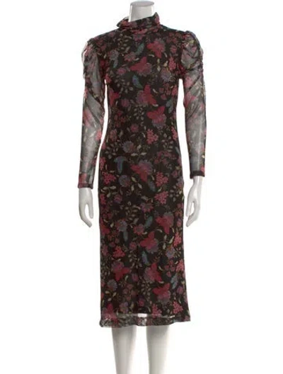 Pre-owned Misa Floral Print Midi Length Dress In Black