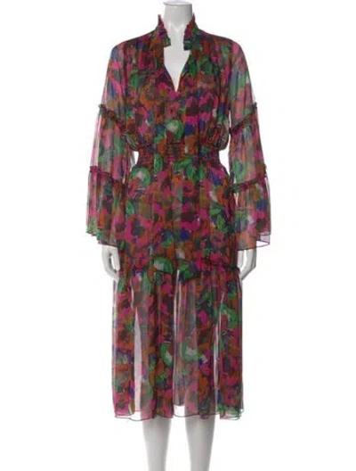 Pre-owned Misa Floral Print Midi Length Dress In Black