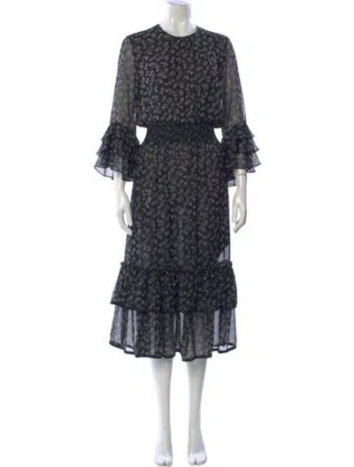 Pre-owned Misa Floral Print Midi Length Dress In Black