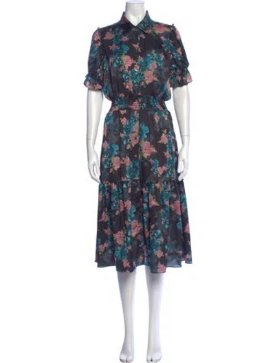 Pre-owned Misa Floral Print Midi Length Dress In Black