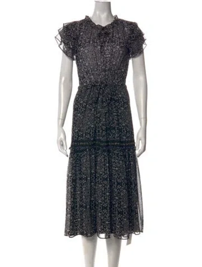 Pre-owned Misa Floral Print Midi Length Dress In Black
