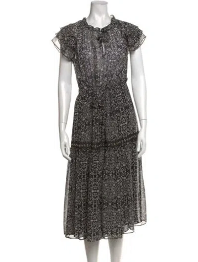 Pre-owned Misa Floral Print Midi Length Dress In Black