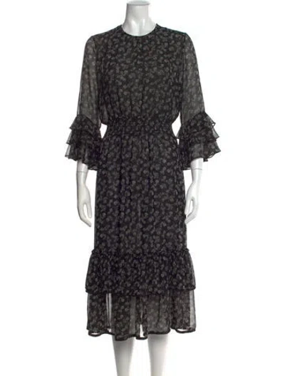 Pre-owned Misa Floral Print Midi Length Dress In Black