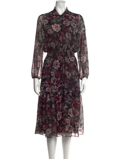 Pre-owned Misa Floral Print Midi Length Dress In Black