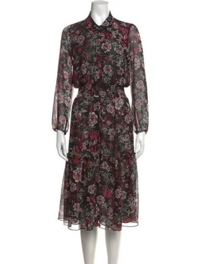 Pre-owned Misa Floral Print Midi Length Dress In Black