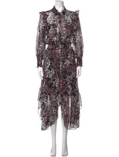 Pre-owned Misa Floral Print Midi Length Dress In Black