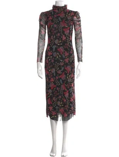 Pre-owned Misa Floral Print Midi Length Dress In Black