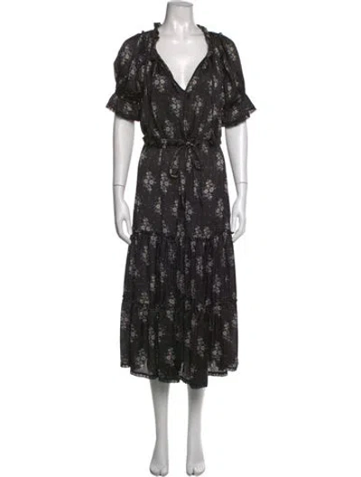 Pre-owned Misa Floral Print Midi Length Dress In Black