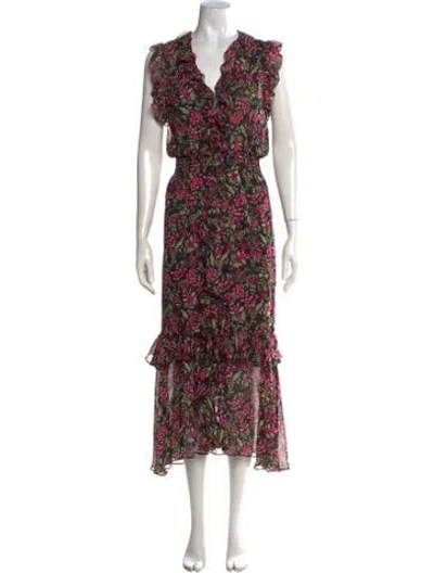 Pre-owned Misa Floral Print Midi Length Dress In Black