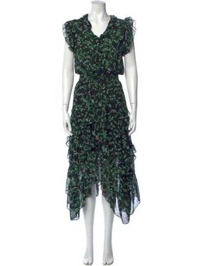 Pre-owned Misa Floral Print Midi Length Dress In Black/green