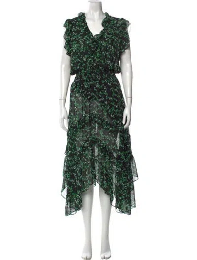 Pre-owned Misa Floral Print Midi Length Dress In Black/green