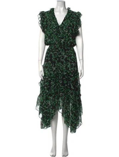 Pre-owned Misa Floral Print Midi Length Dress In Black/green