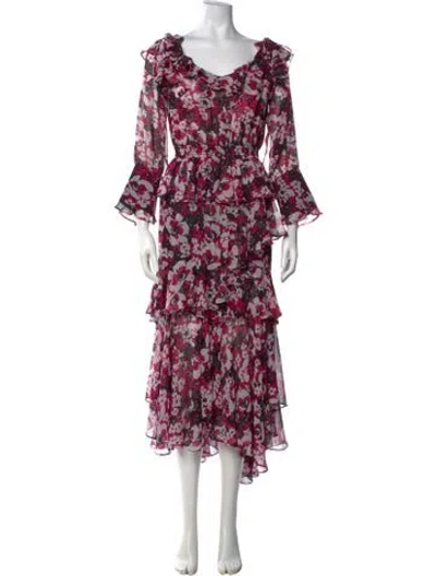 Pre-owned Misa Floral Print Midi Length Dress In Black/pink