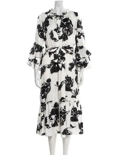 Pre-owned Misa Floral Print Midi Length Dress In Black/white