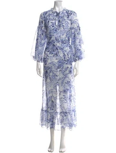 Pre-owned Misa Floral Print Midi Length Dress In Blue/white