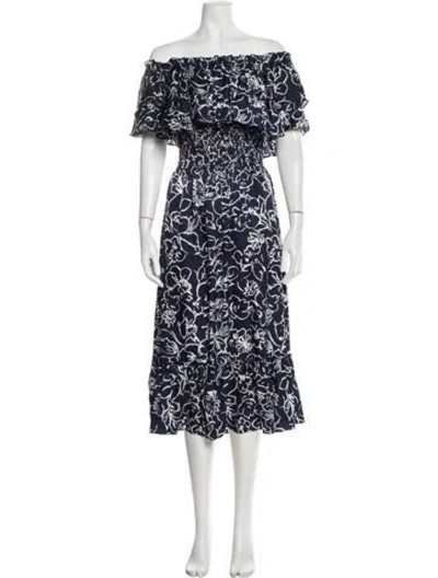 Pre-owned Misa Floral Print Midi Length Dress In Blue/white
