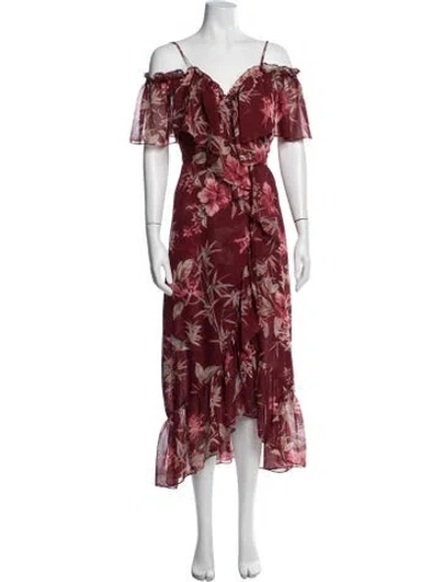 Pre-owned Misa Floral Print Midi Length Dress In Burgundy