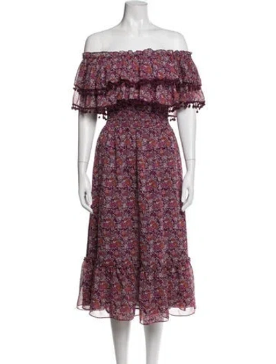 Pre-owned Misa Floral Print Midi Length Dress In Burgundy/purple