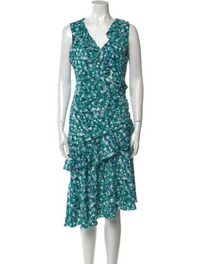 Pre-owned Misa Floral Print Midi Length Dress In Green