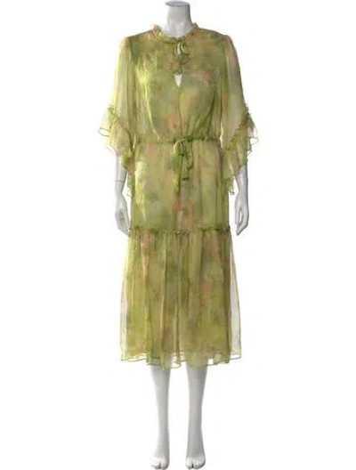 Pre-owned Misa Floral Print Midi Length Dress In Green
