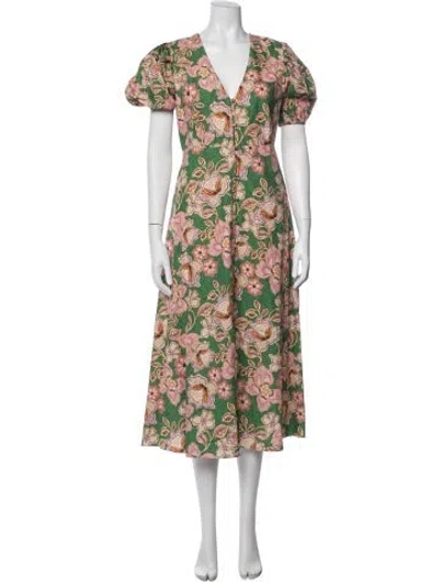 Pre-owned Misa Floral Print Midi Length Dress In Green