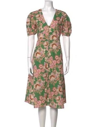 Pre-owned Misa Floral Print Midi Length Dress In Green